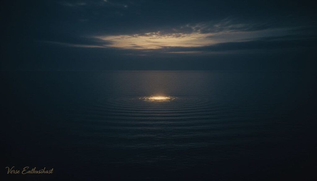 Dark deep waters under a dim sky with a faint glow above the surface, illustrating Genesis 1:2 meaning and the Spirit of God hovering over the waters.