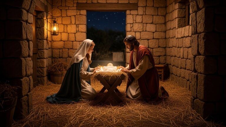 Nativity scene showing the birth of Jesus, illustrating the Christian meaning of Christmas and the incarnation of Christ.